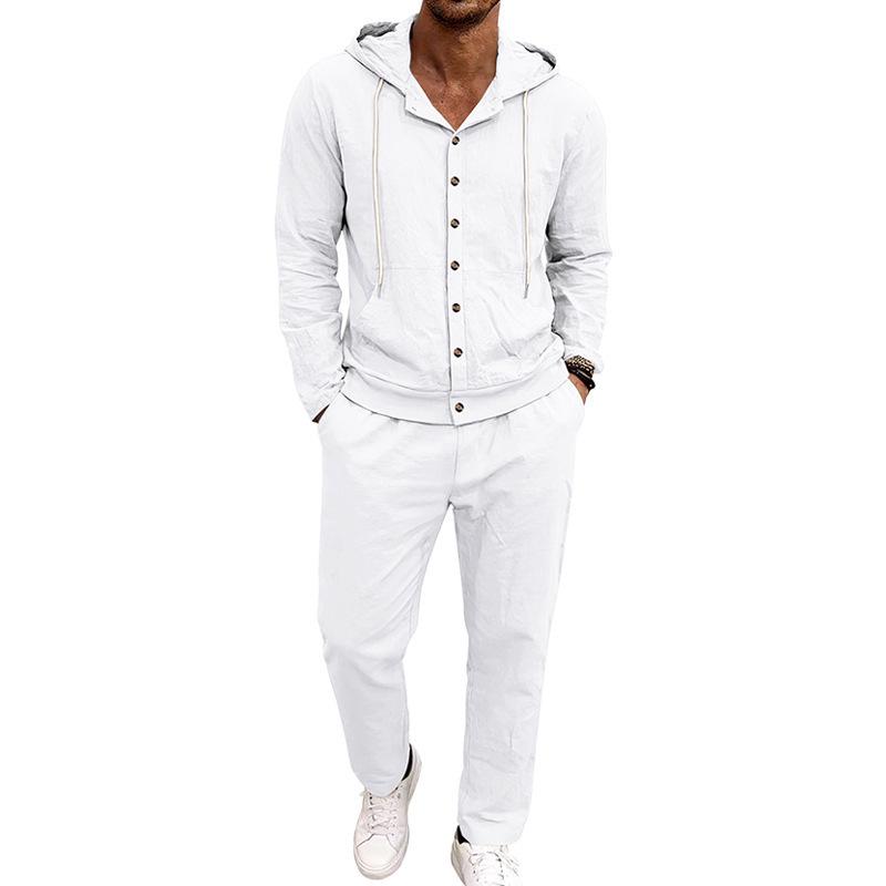 Men's Hooded Linen Shirt and Pants Set - European Casual Style