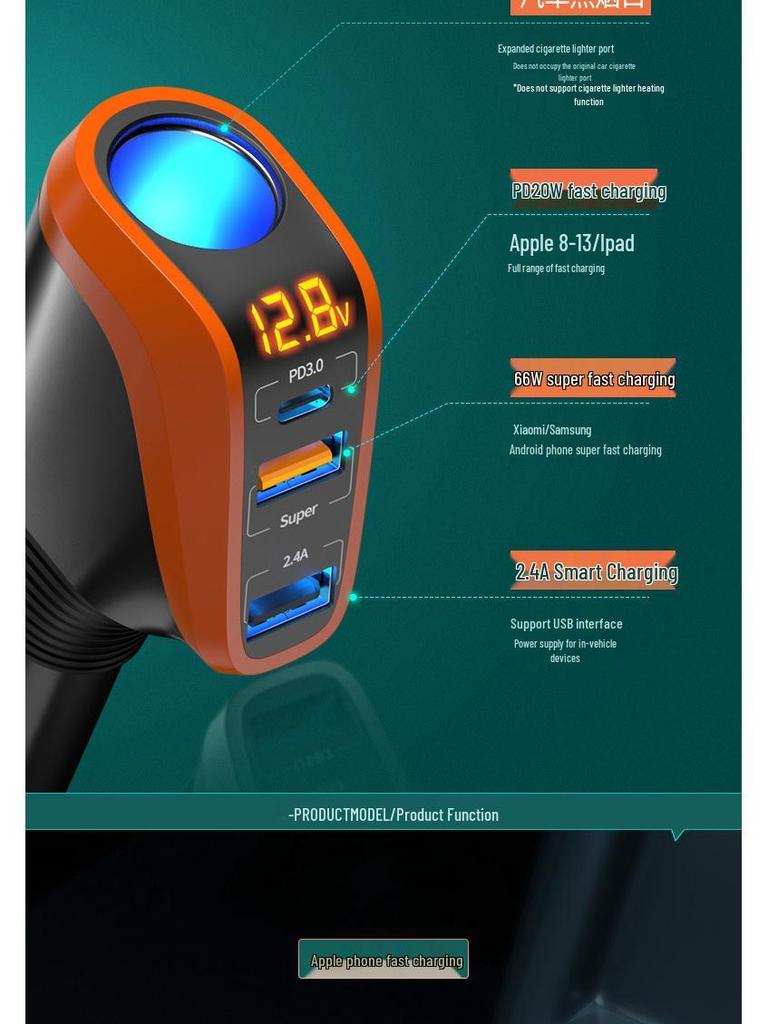 Oshur Fast Charging Car Charger with USB Expansion & Triple Cigarette Lighter Adapter