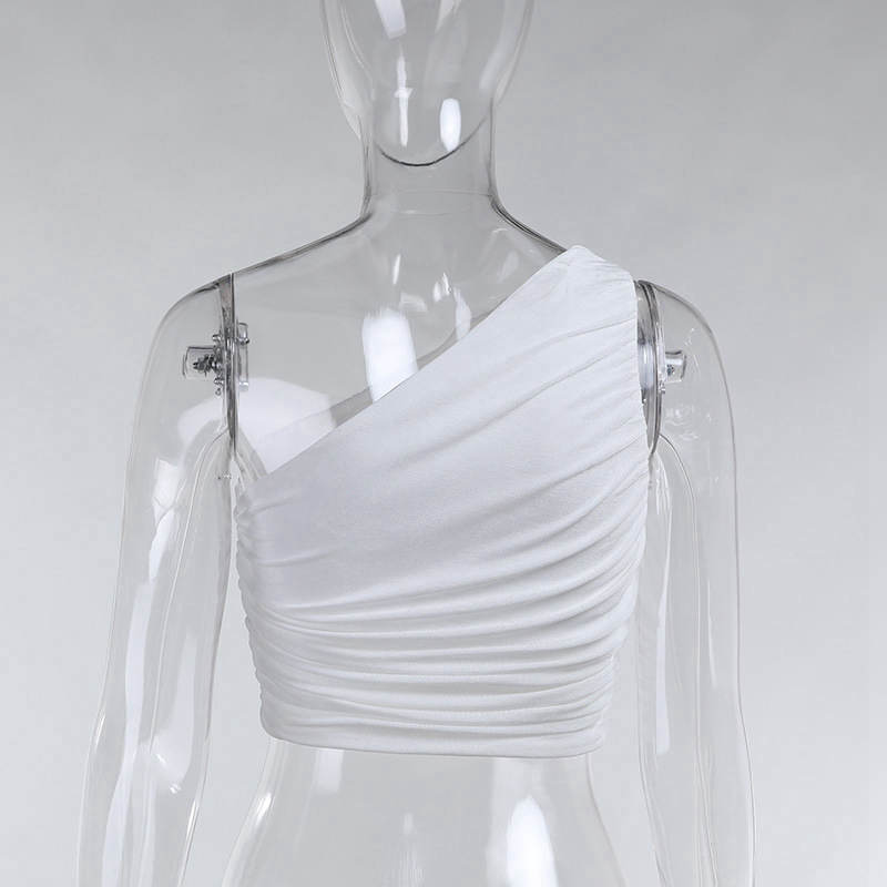 Summer Soild Color Slim One Shoulder Crop Top Pleated Vest Short Shirring Ladies Short Tank Top