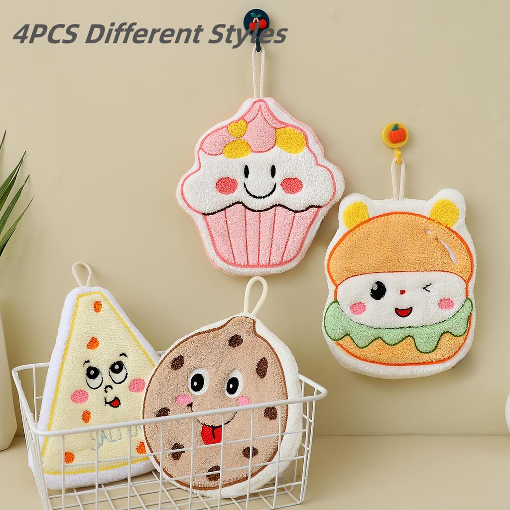 4pcs Cartoon Hand Towel Set,soft and Absorbent,double Sided Three Layer Thickening,cute Baking Pattern,for Home Bathroom Kitchen,outdoor Sports Travel