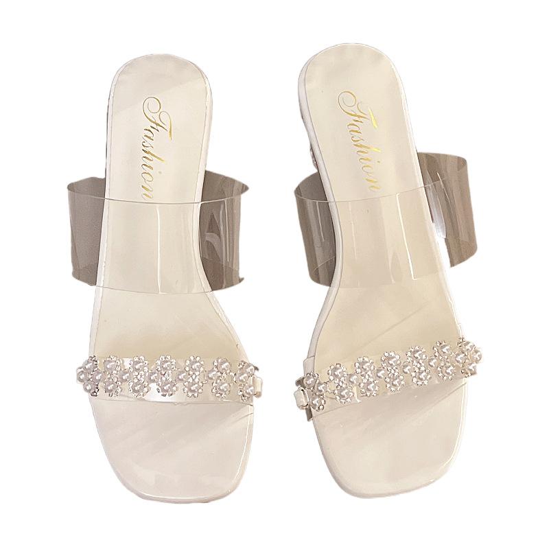 Beautiful High-heeled One-word Slippers for Women's Summer Wear 2025 New Fashion Fairy Style Transparent Thick-heeled Cool Slippers Female Tide