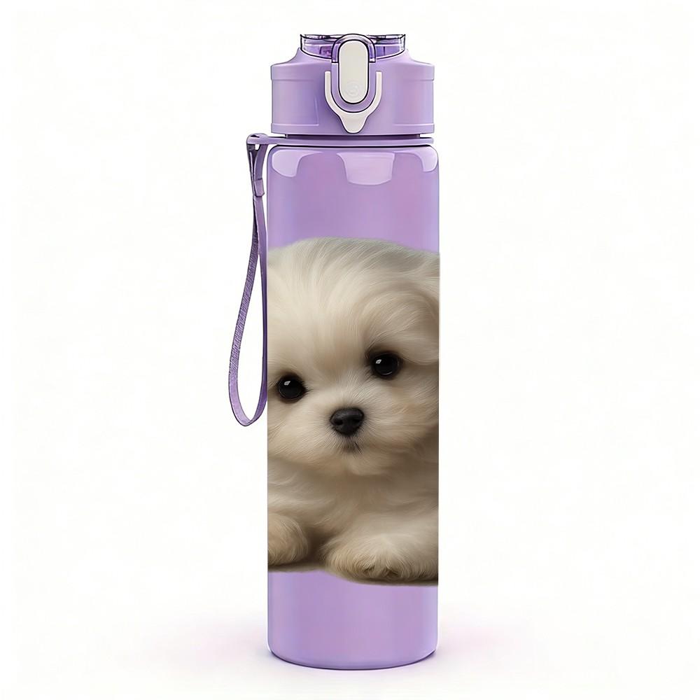 1PC Cute Fluffy White Puppy 750ml Color Plastic Sports Water Bottle Leakproof Flip Straw Lid Suitable for Sports Office Home Use