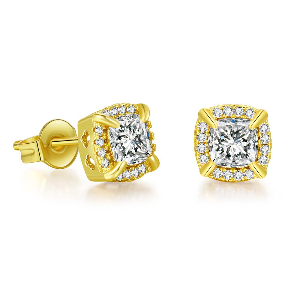 Gold Plated Unisex Hip Hop Geometric Earrings Minimalist 4 Claws AAA+ Cubic Zirconia Classic Style Ear Studs Jewelry Party Gift