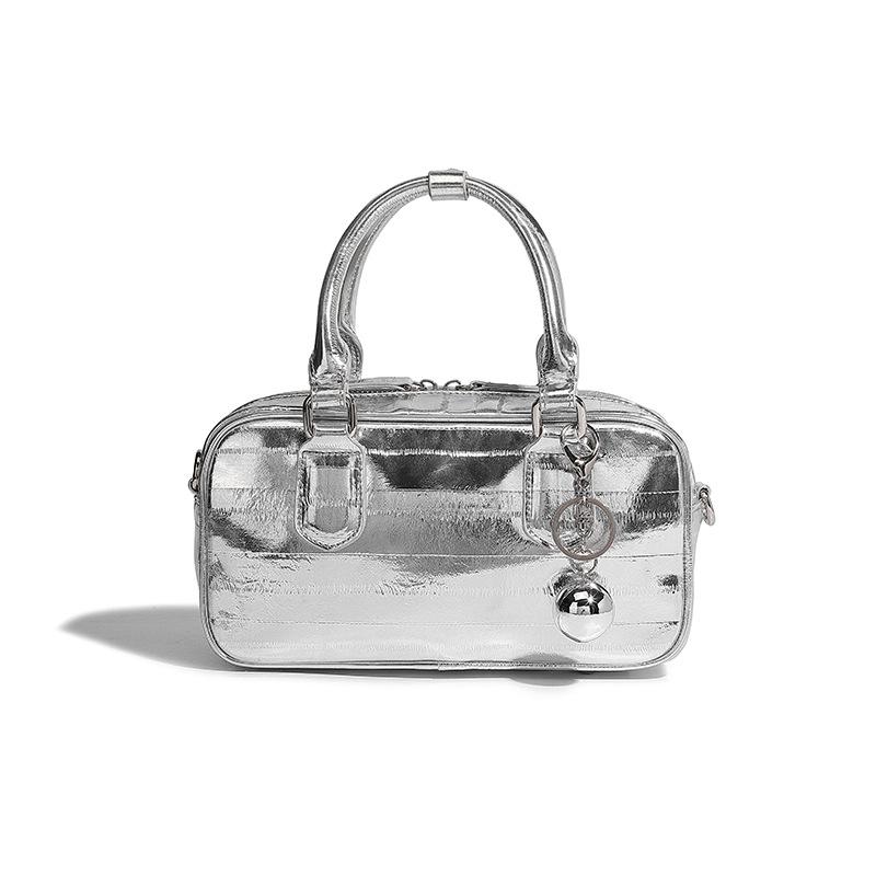 Silver High-End Handheld Small Square Bag for Women 2024 New Fashion Versatile Boston Pillow Bag Single Shoulder Crossbody Bag
