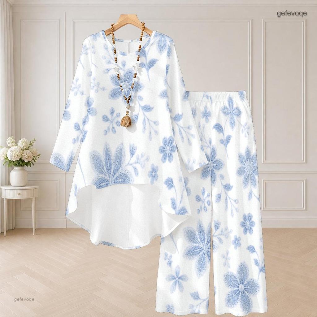 Damen Übergröße Rundhals Langarm Blumenmuster High-Low-Top Weitbeinige Hose Zweiteiliges Set