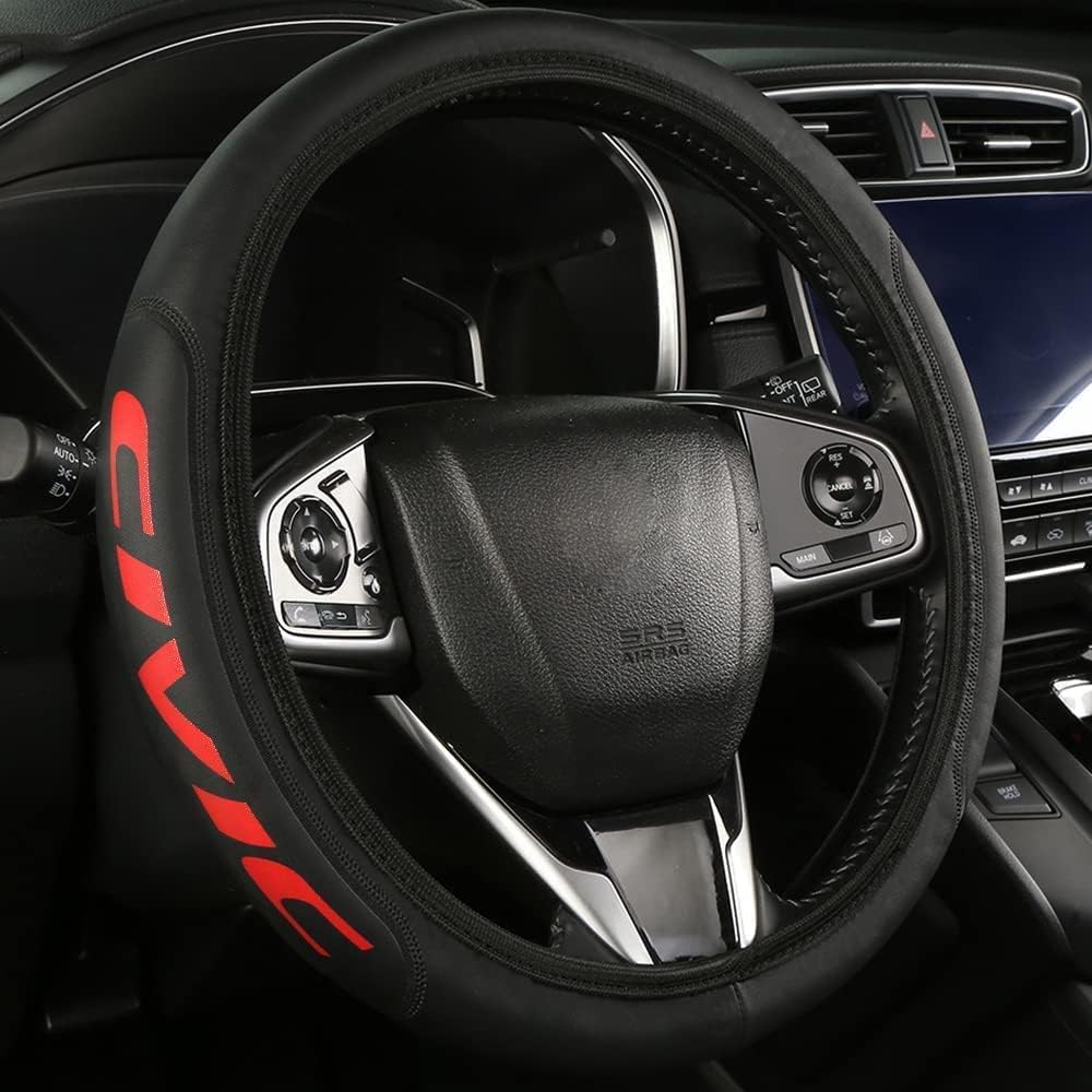 Leather Steering Wheel Cover Compatible With Civic Universal Size(Red)
