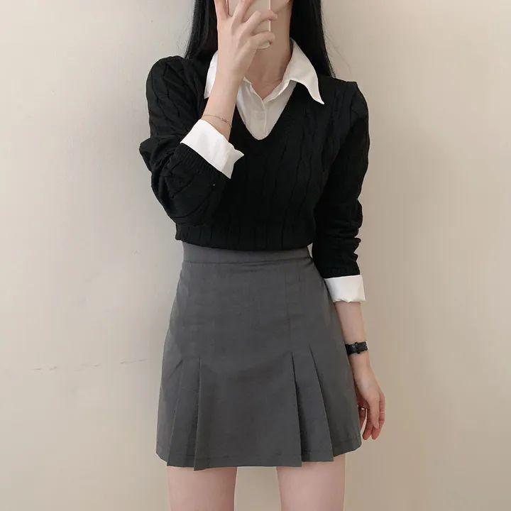 Svetr pletený patchworkovým stylem v korejském stylu s košilovým límcem - Dámský zeštíhlující podzimní pulovr