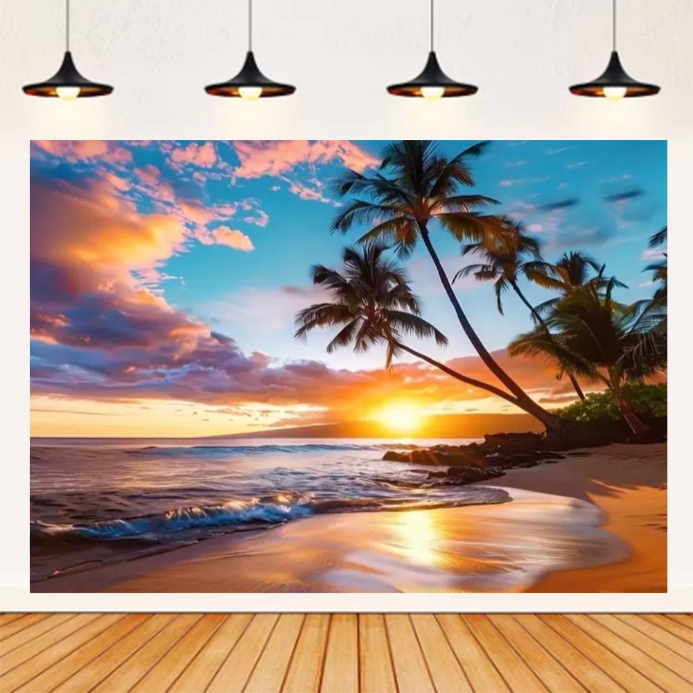 Summer Seaside Beach Theme Background Palm Tree Blue Sky Romantic Sunrise Sea Wave Photography Backdrop Supplies Party Decor