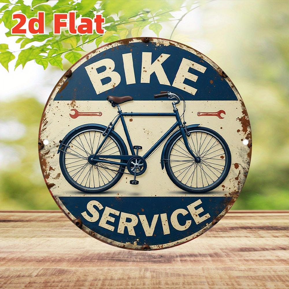 D Flat Vintage Bicycle Service Sign Retro Bike Shop Decor Circular Metal Plaque with Wrenches Graphic Garage Cafe