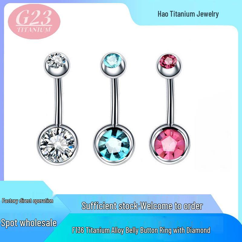 G23 Titanium Zircon Navel Ring: Internally Threaded F136 Alloy with Double Ball Diamond Design Piercing Jewelry.