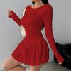 Herbst Winter Einfarbig Slim Fit Kaskadenrüschen Mini Kleid Damen Elegant Trompetenärmel Hohe Taille Sexy Party Bodycon Kleider