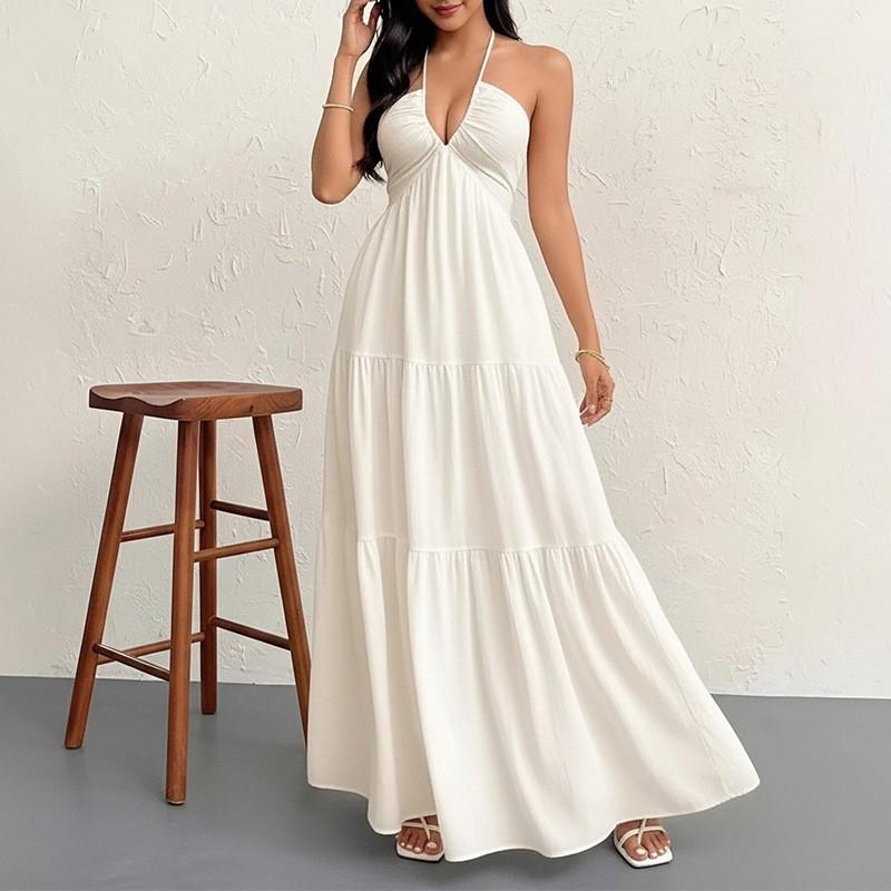 Elegant Solid Color Halter Backless A-Line Midi Dress Women 2026 Stylish Office Casual Wear