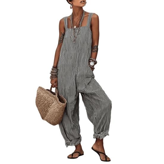Loose Striped Wide Leg Jumpsuit for Women, Square Neck Sleeveless Wide Leg Rompers with Pockets, Casual Summer One Piece Outfit