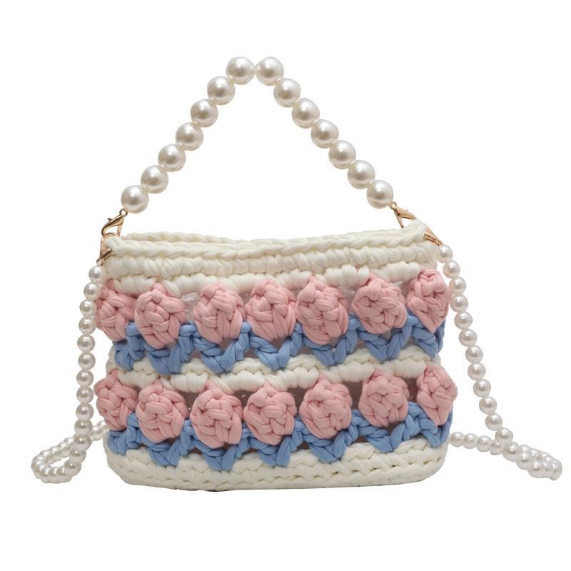 Tulip handmade DIY woven bag, cloth strip material bag, homemade pearl portable messenger bag, gift for girlfriend
