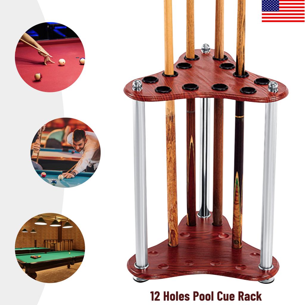 12-Hole Triangle Pool Cue Holder, Floorstanding Corner Stand, Red Modern Design Billiard Cue Rack with 1.37in Diameter Holes