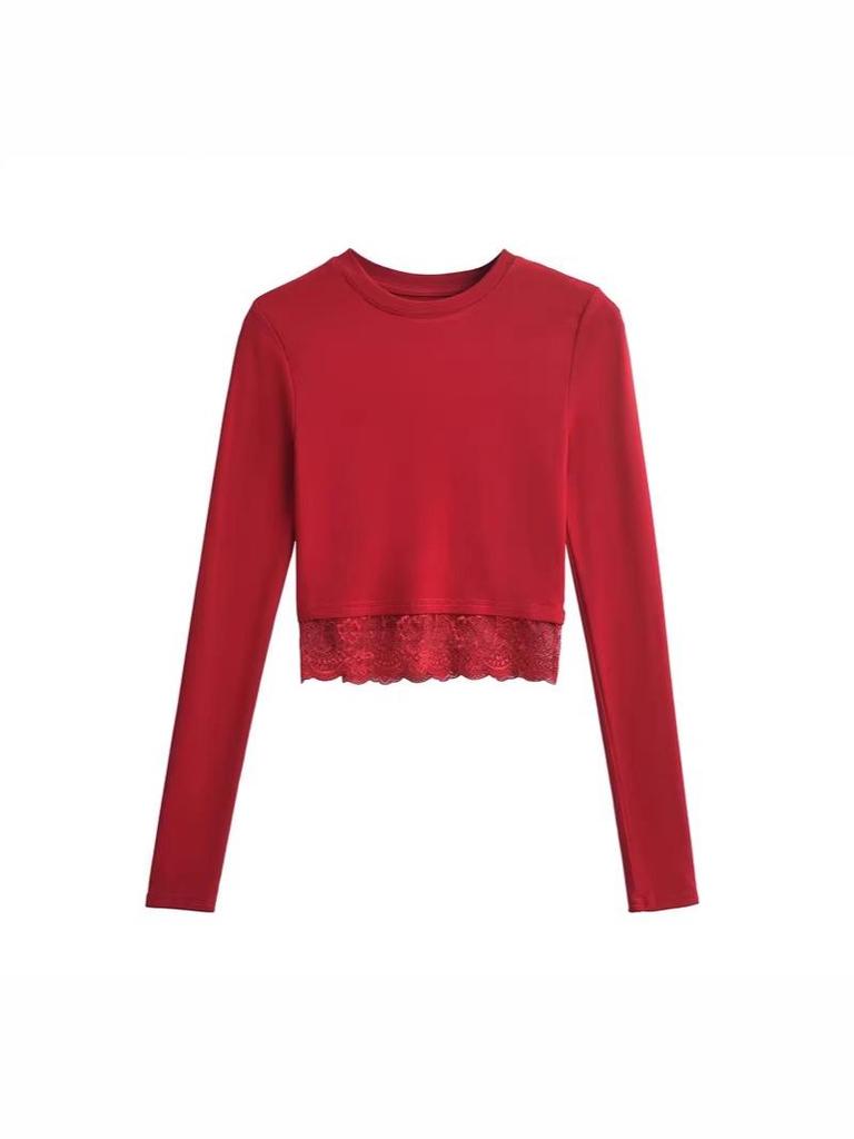 Retro Lace Hem Long Sleeve Spicy Girl Fitted Top