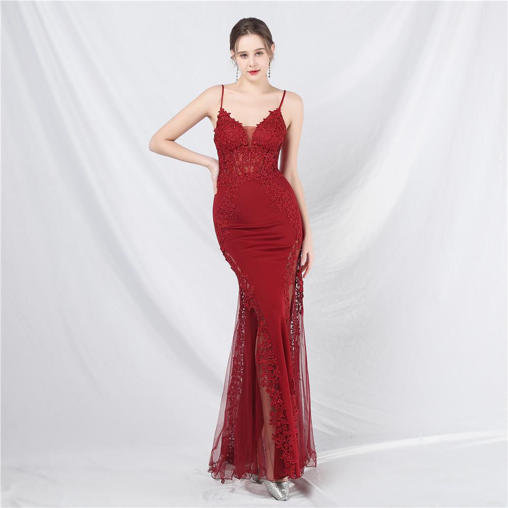 Lace Lace Permed Fishbone Vest Waist Low Chest Off The Shoulder High-end Small Trailing Evening Dress