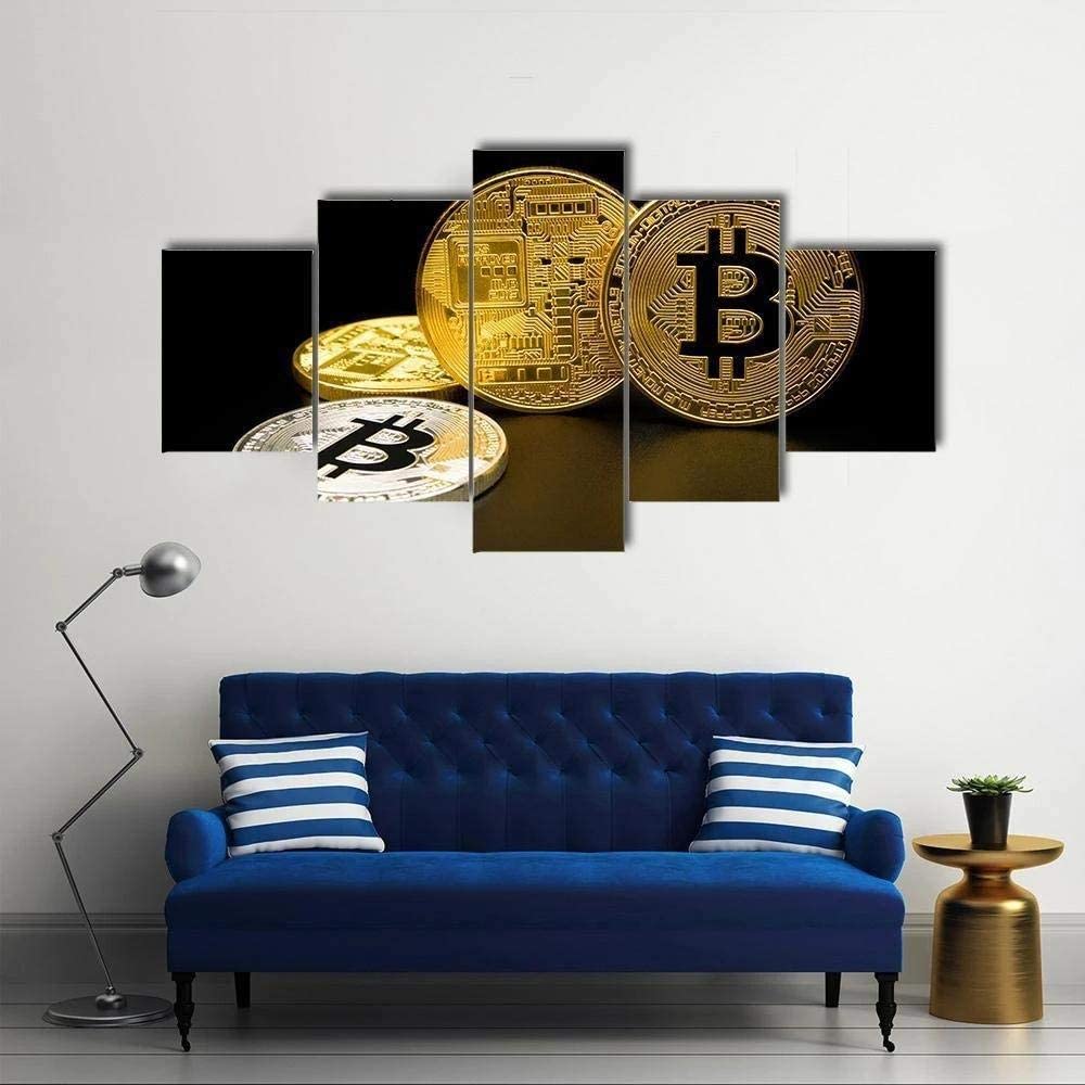 Silberne und goldene Bitcoins Krypto BTC 5 Stück HD Wandkunst Leinwand Poster Malerei für Wohnzimmer Heimdekoration Bild Dekorationen