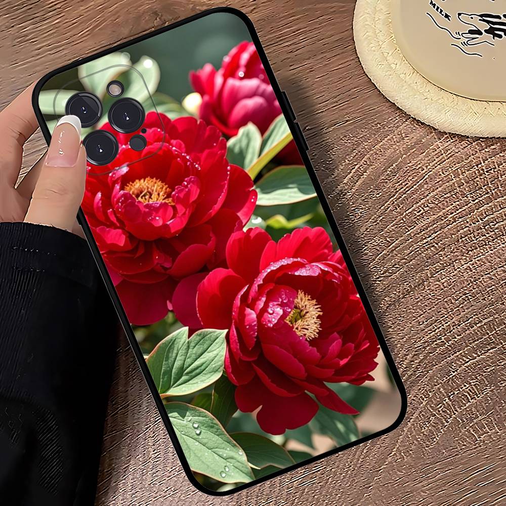 Elegant Peony Flower Phone Case For iPhone 16 15 14 13 12 Mini 11 Pro XS Max X XR SE 6 7 8 Plus Soft Silicone Cover
