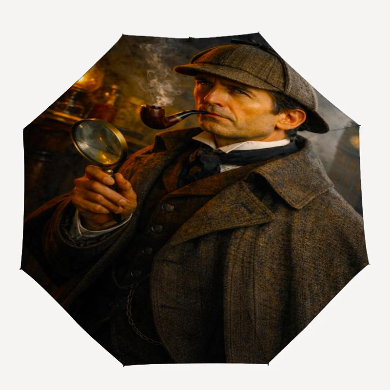 Sherlock Holmes Thema Automatischer Regenschirm, Leicht & Tragbar, 8 Speichen, Perfekt für Reisen im Freien, Geburtstage, Weihnachten, Geschenke.