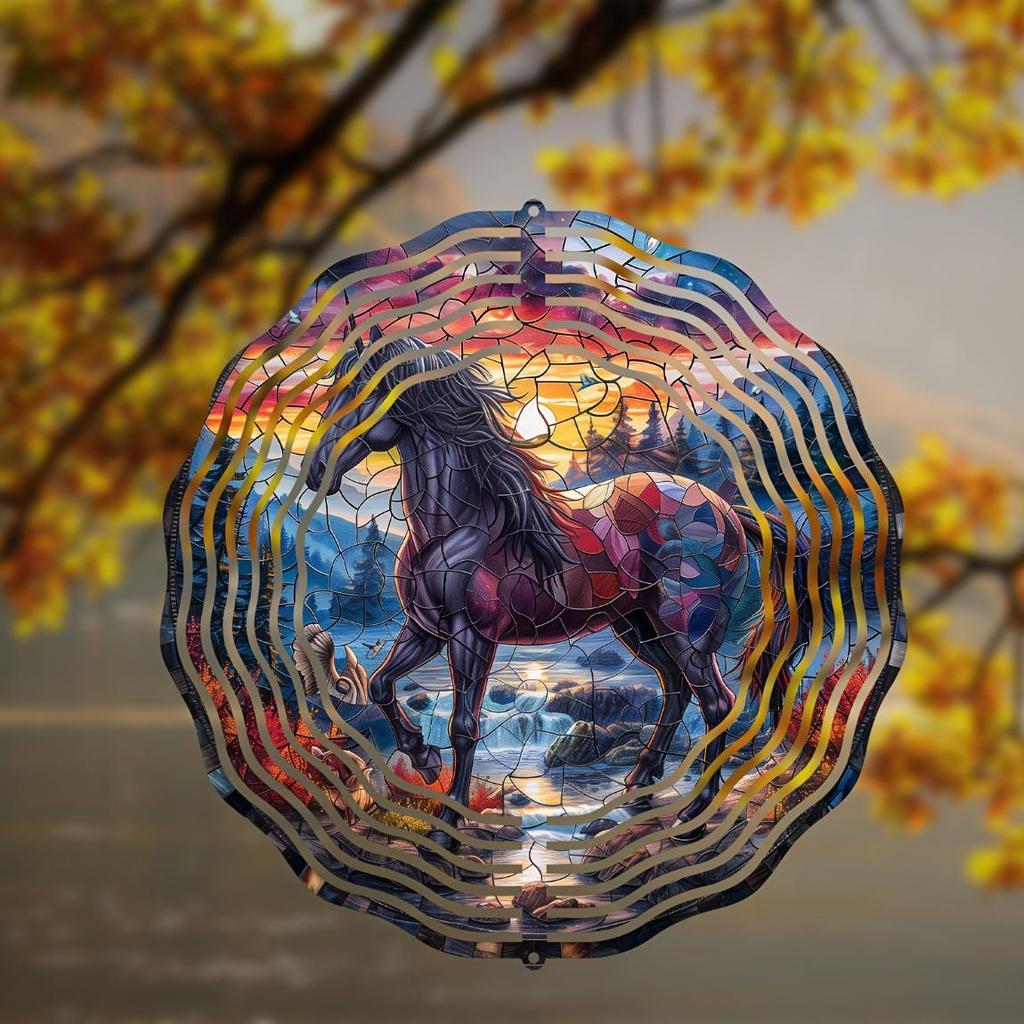 10 Inch Colorful Glass Horse Wind Spinner Rustic Farmhouse 2D Kinetic Garden Art for Indoor Outdoor Patio Lawn Yard Decor
