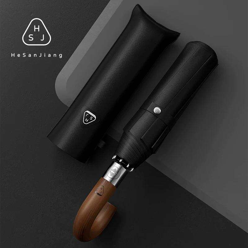 Britský Retro Trojitý Pevné Drevo Zakrivená Rukoväť Automatické Skladacie Dáždnik Pánsky Extra Veľký Vystužený Pevný Jednoduchý Obchodný Dáždnik Black / Curved Handle / / 102cm čierna