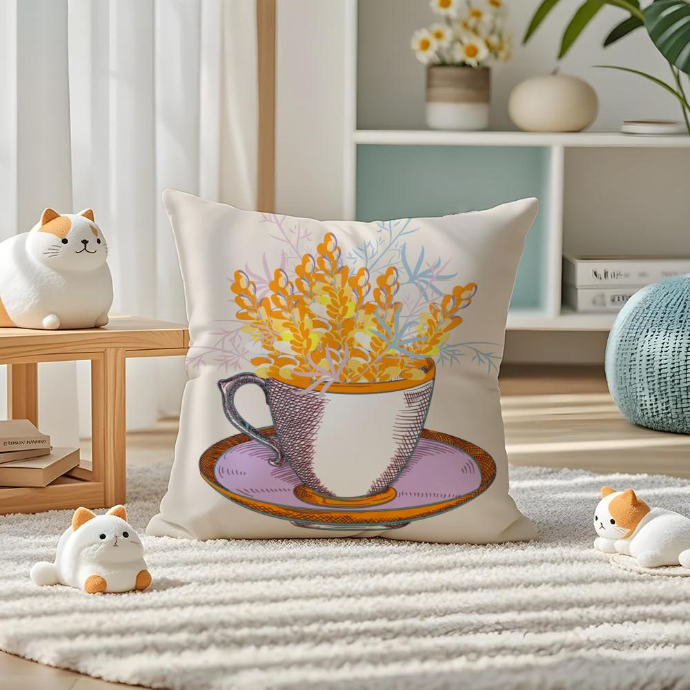 Painting Cup of Flowers Pillow Case Silky Elegant Comfort Sofa Bed Invisible Zipper