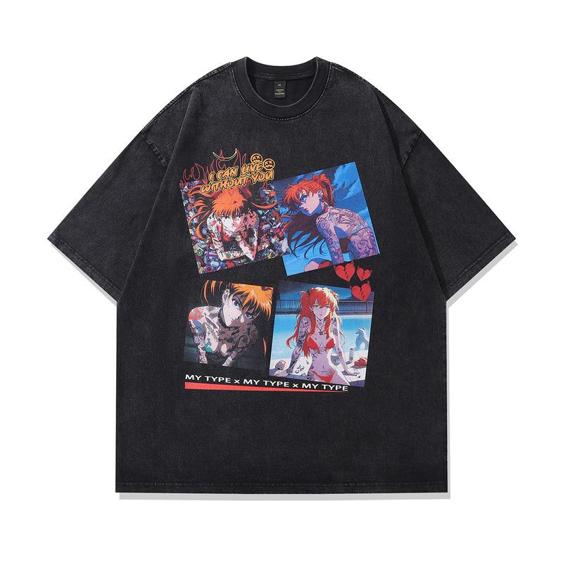 Two-Dimensional Animation Printed T-Shirt Street Trendy Brand Retro Washed Old Small Neckline Short Sleeve Vintage T-Shirt Men