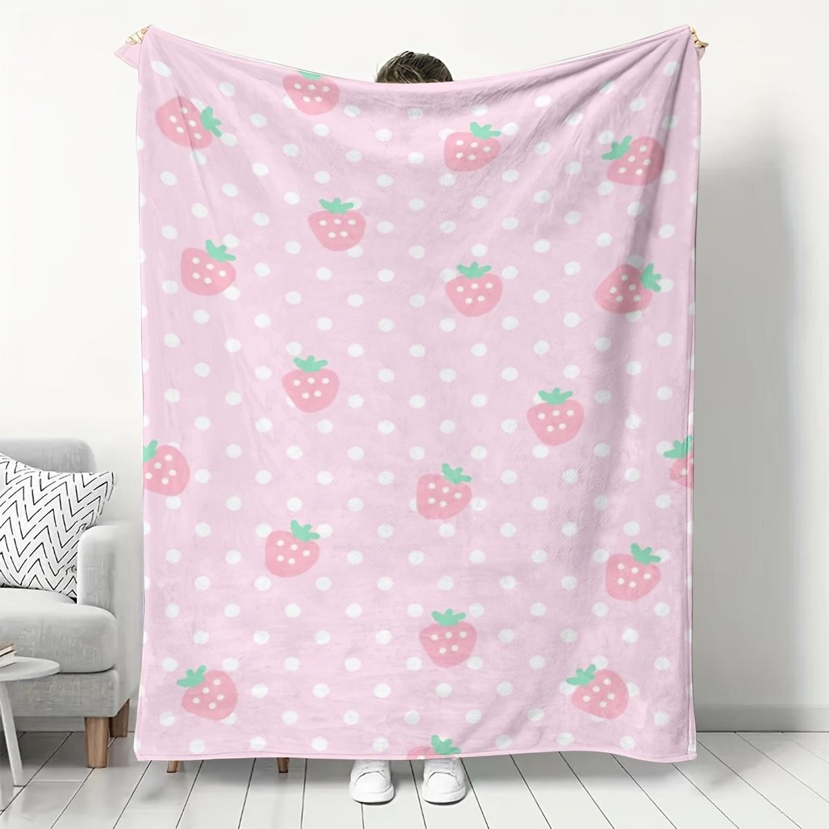 

Pink Strawberry Print Flannel Blanket, Soft Warm Cozy Throw for Home Kitchen Sofa Camping Relaxation 150x200cm