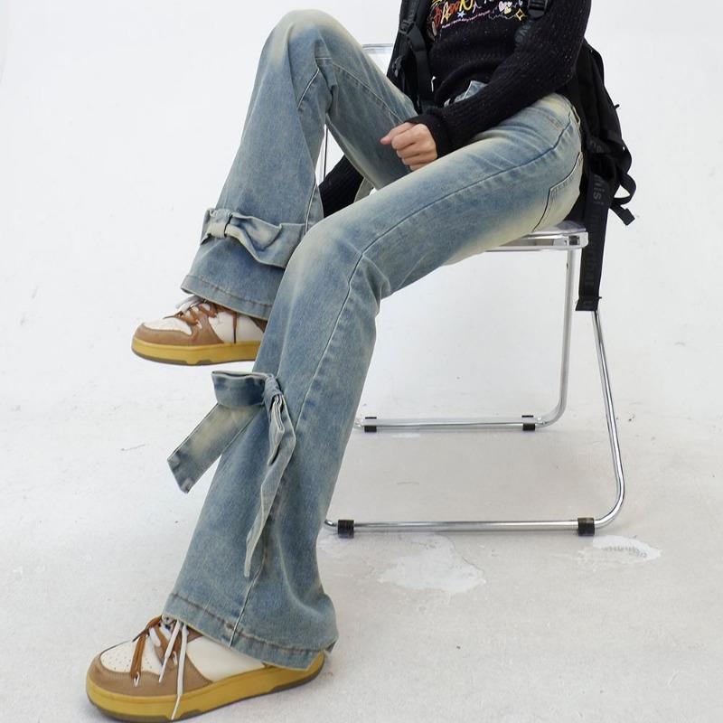 Jeans a zampa blu con fiocco da donna Harajuku Estetica anni '90 Streetwear Pantaloni di jeans larghi Pantaloni jeans Y2k Vestiti trashy vintage anni 2000