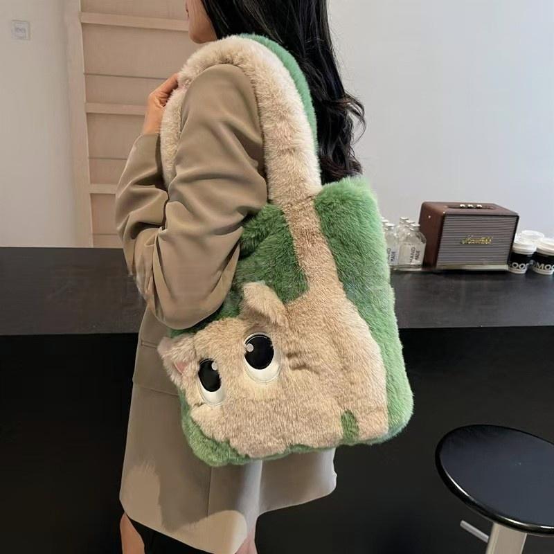 2026 Cute Cat Color Block Tote: Plush Single Shoulder Bag, Lightweight, Large Capacity
