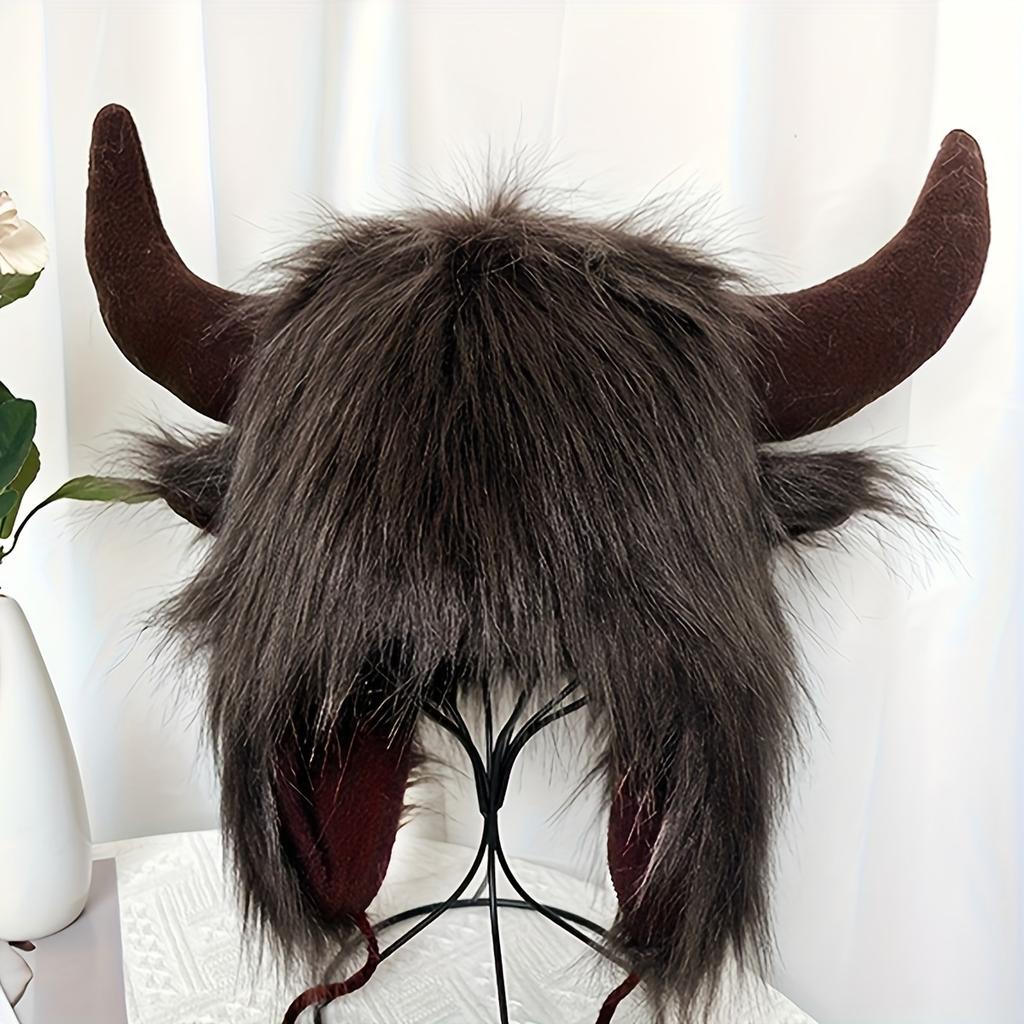 Women's Cow Skull Fisherman Hat with Faux Fur Horns - Winter Warm Ear Protection Beanie, Soft Imitation Mink Material Women