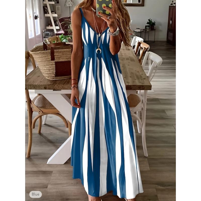 

VEZFAA Женские Модные Летние Весенние Платья с Принтом в Стиле Колорблок, Без Рукавов, с V-образным Вырезом, с Завышенной Талией, Повседневные XXL синий