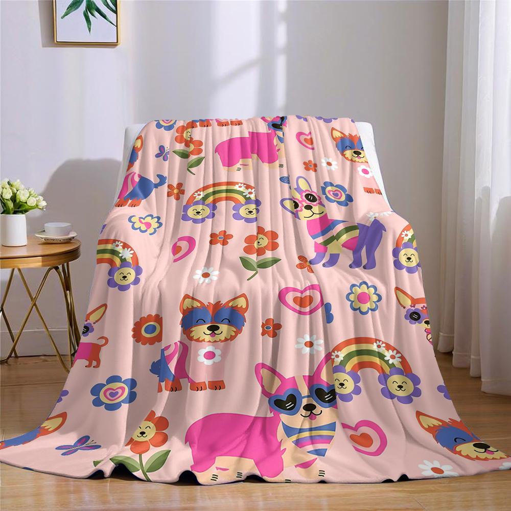 Colorful Puppy & Floral Flannel Blanket Warm Soft Halloween Christmas Couch Warm Cozy Decorative Decor Gift for All Season