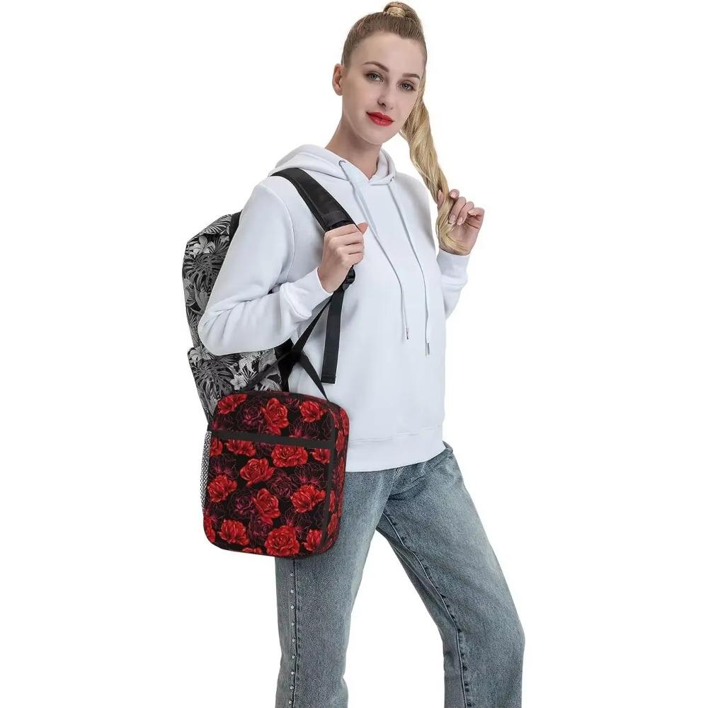 Red Rose Thermal Lunch Bag for Women Girls Reusable Insulated Lunch Box with Adjustable Shoulder Strap for Work Picnic Beach