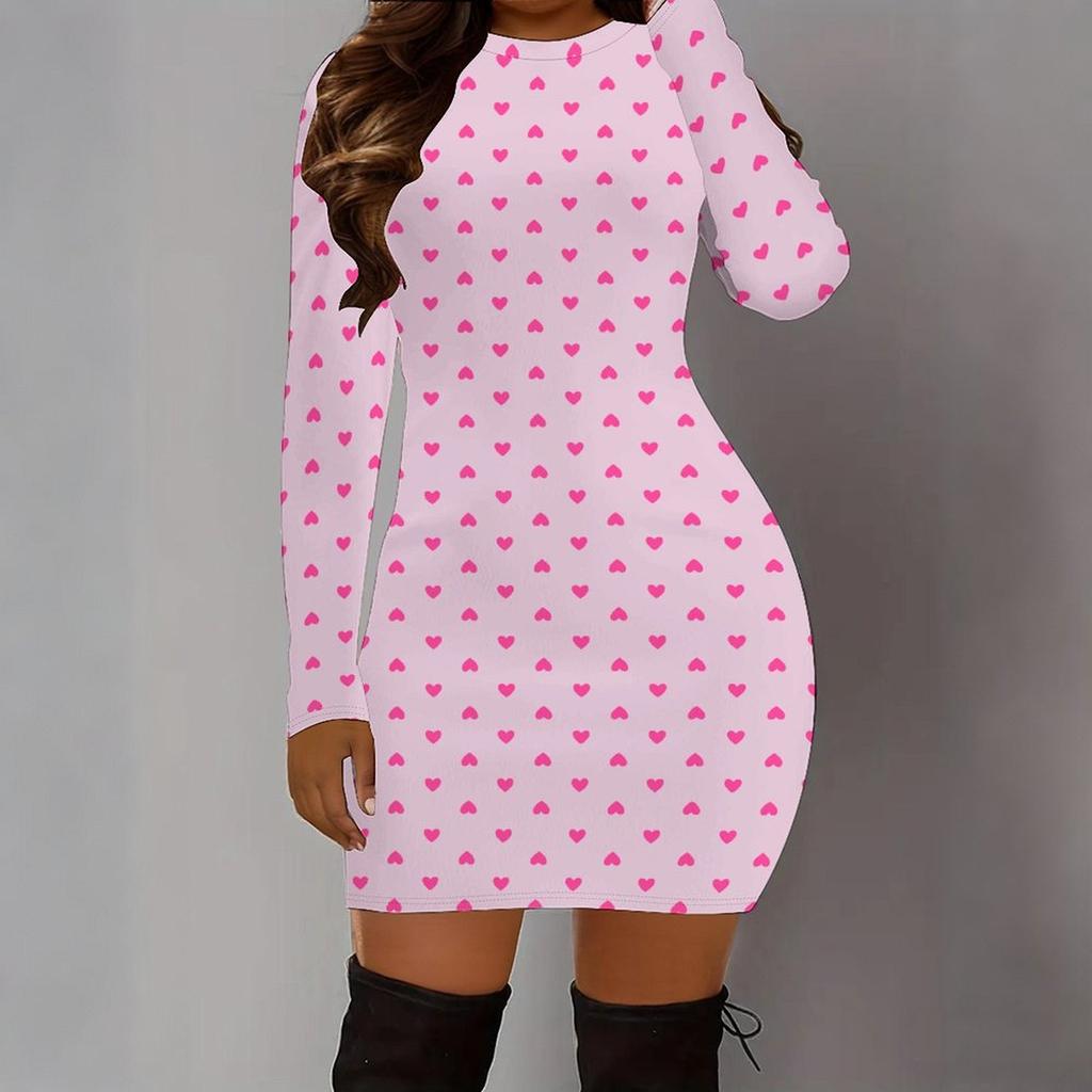 Podzim a zima 2025 Nové dámské módní šaty s 3D potiskem a barvením s motivem srdce, s dlouhým rukávem, kulatým výstřihem, obepínající boky, limitovaná edice ke Dni svatého Valentýna