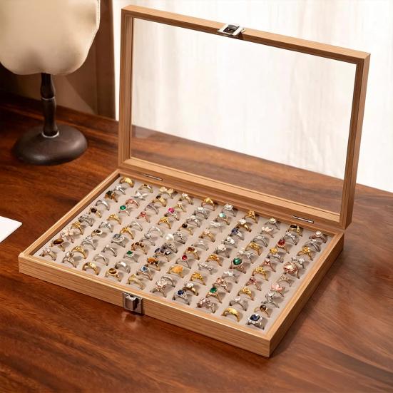 Ring-Aufbewahrungsbox, Langlebiges Holz mit unterteiltem Design, Weiches Samt-Innenfutter, Mehrgitter-Schmuckorganizer, für Ringe Armbänder Ohrringe