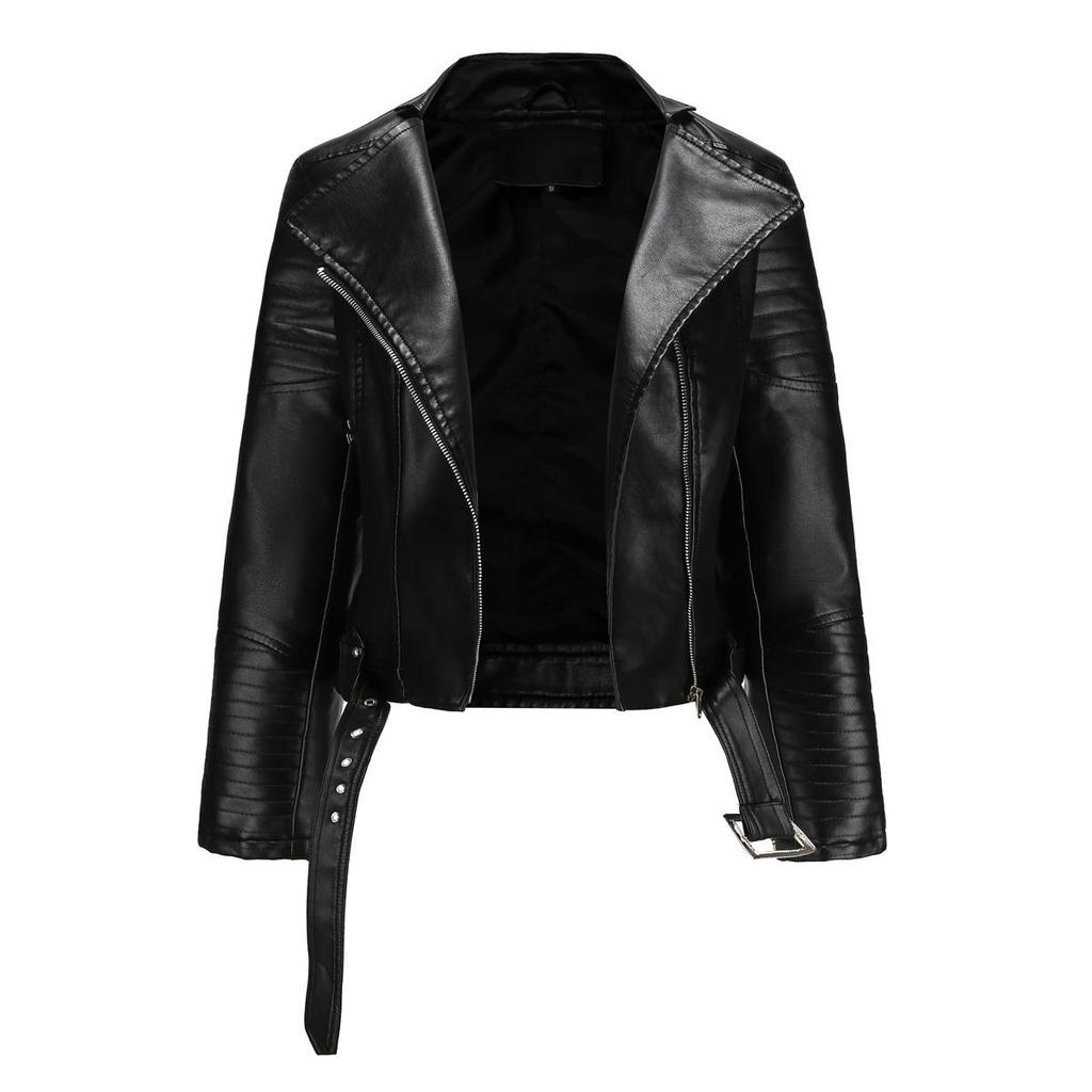 Punk Style Jackets for Women Faux Leather Lapel Tie Belt Motorcycle Short Coat Long Sleeves Zipper Outwear Bomber Tops