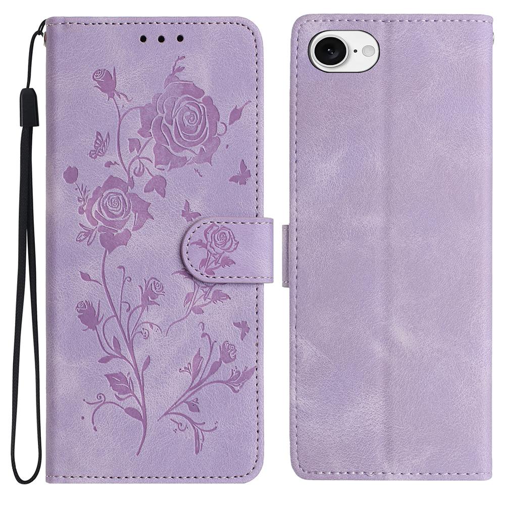 For iPhone 16e Wallet Case Rose Pattern Imprinted Leather Flip Stand Phone Cover