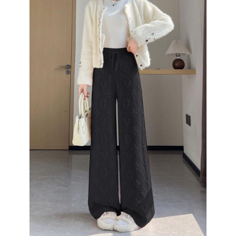 Women's White Mink Knit High-Waisted Fleece-Lined Wide-Leg Pants, 2024 Autumn/Winter Casual Floor-Length.