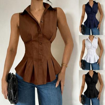 Ärmelloses Damen Peplum-Hemd Mit Kragen Und Knopfleiste Eng Anliegende Taille Lässige Bürobluse