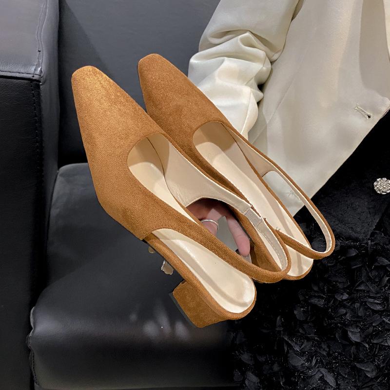 Back trip strap single shoes square head spring and autumn suede simple and sweet shoes temperament bag head shallow mouth women's single sandals