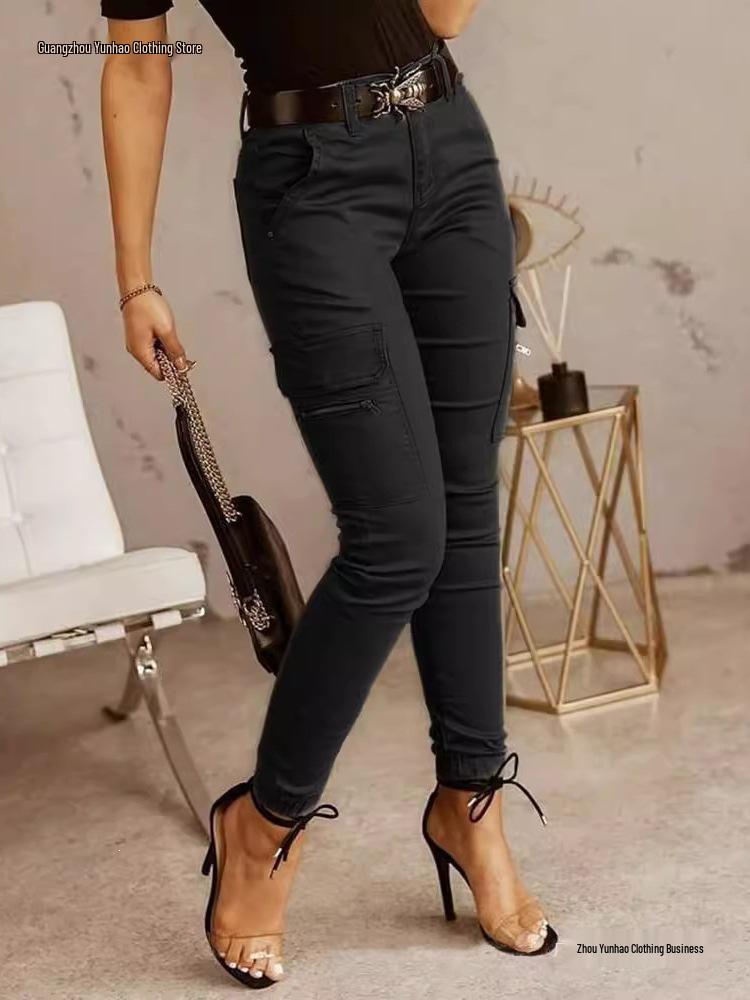 Pantaloni Jogger da Donna a Colore Unito a Vita Media con Bottone e Tasche