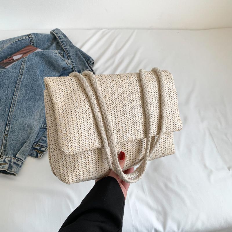 Новая плетеная из соломы большая сумка-тоут 2025 весна-лето новая однотонная сумка через плечо универсальная повседневная модная