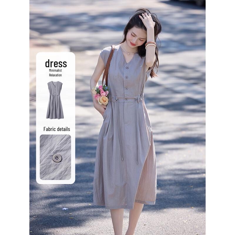 Women s Relaxed Fit V-Neck Cap Sleeve A-Line Midi Dress M