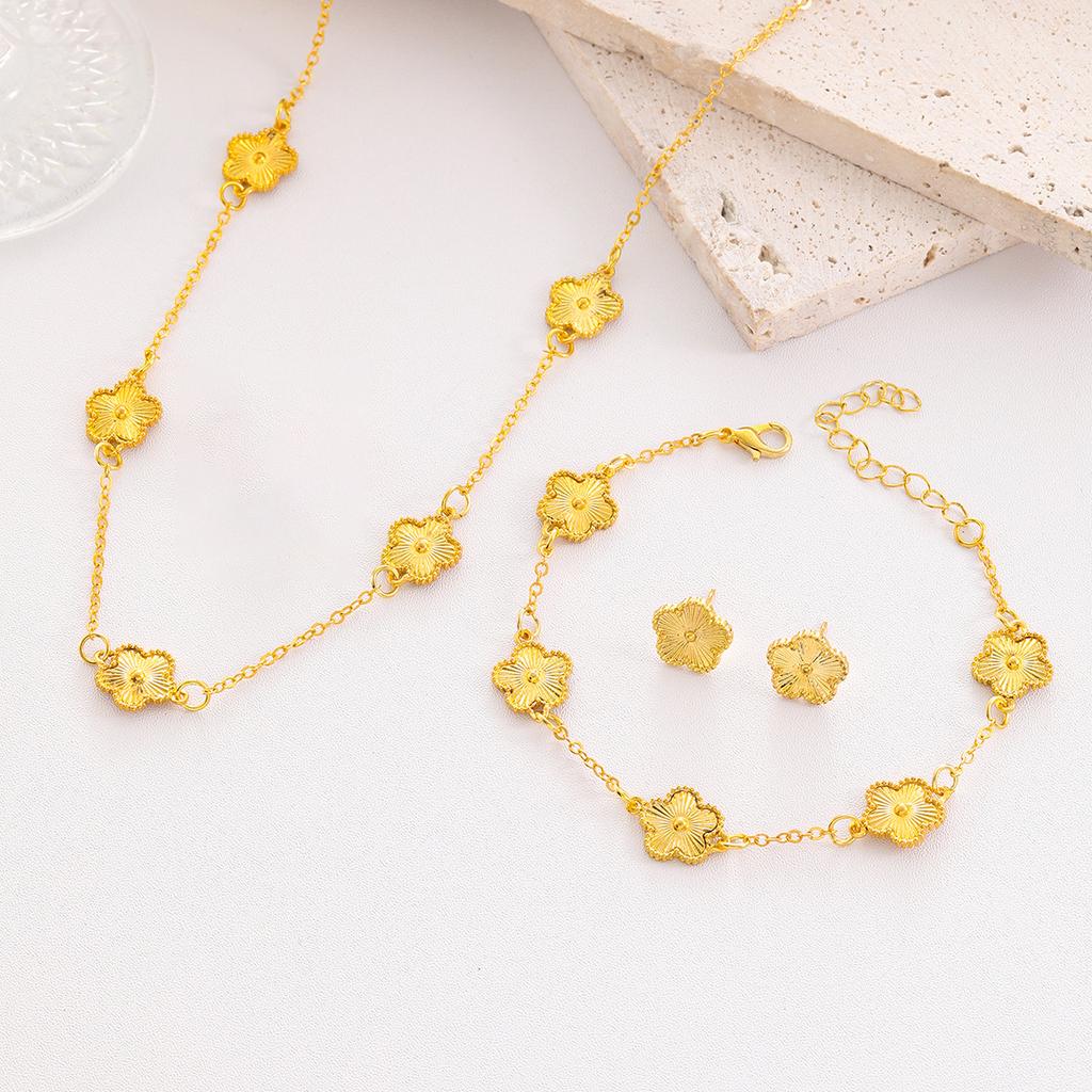 Pulseiras e Colares Flor de Cinco Folhas Luxuosos da Moda para Mulheres Conjunto de Pulseira e Brincos de Cor Dourada Corrente de Flor Conjunto de Joias para Festa de Casamento