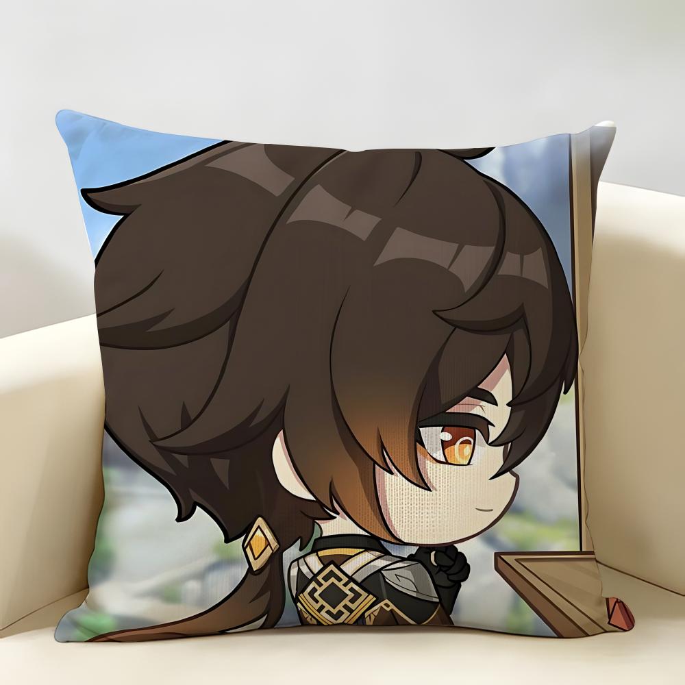Zhongli Cute Genshin Impact Cushion Cover Natural Linen Organic Fabric DoubleSided Printing Room Sofa Decor Pillow Case