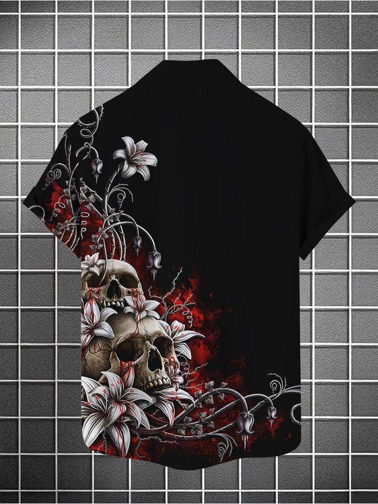 Men's Casual Short - Sleeve Shirt, Skull Pattern Printed, Polyester Material, Mixed Color, Multiple Specifications Available, Fashionable for Daily