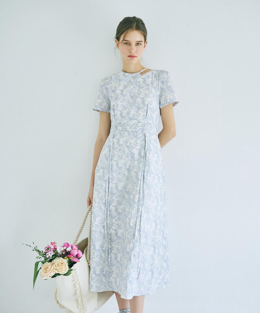 Etmont Neck Cut-Out Shirring Dress Light Blue