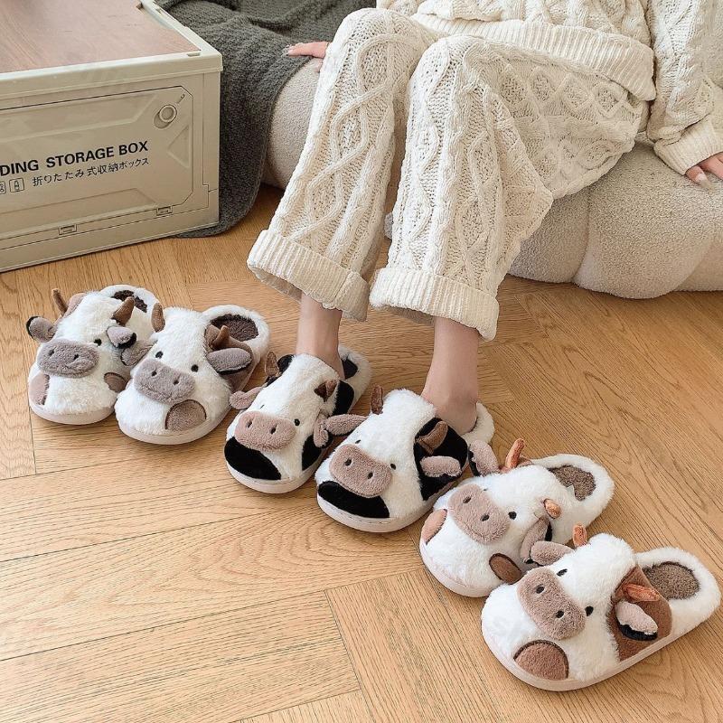 Fashion Womens Cotton Slippers Cartoon Cow Couple Non-Slip Warm Indoor Home Slippers Plush Fluffy 2025 Winter Comfortable Floor Slippers